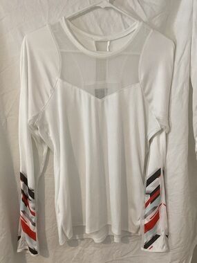 White Long Sleeve Women's Top with Striped Sleeve Accents
